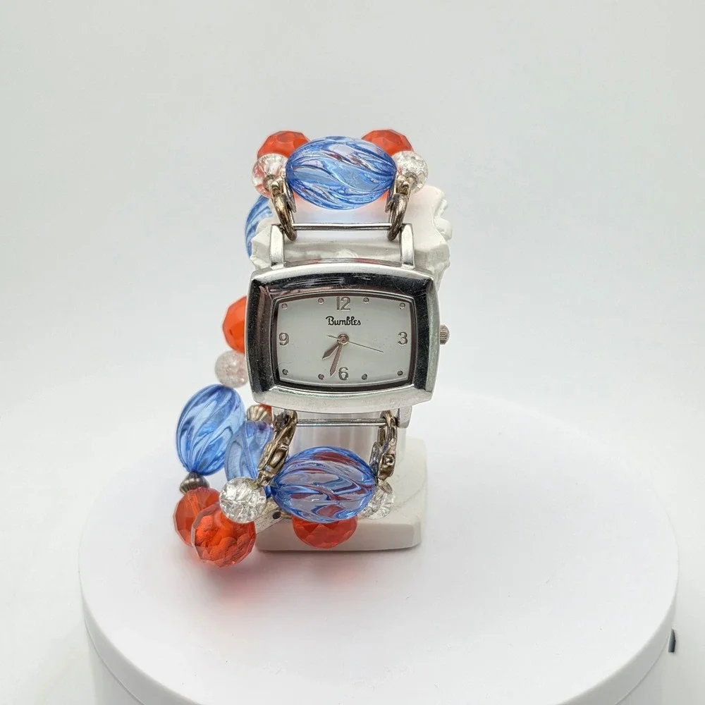 Vtg BUMBLES Watch Orange Blue 2-Strand Beaded Removable Stretch Band New Battery